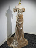 Gold Sequins Floor Length Prom Dress, Mermaid Off the Shoulder Evening Party Dress HZ1024