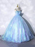 Beautiful Shiny Blue Tulle Long Formal Dress, A-Line Spaghetti Strap Sweetheart Princess Dress HZ1024