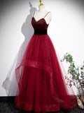 Burgundy Spaghetti Strap Tulle Long Corset Prom Dress, A-Line Evening Party Dress HZ1024