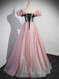 A-Line Shiny Tulle Long Pink Corset Prom Dress, Off the Shoulder Pink Evening Dress HZ1024