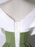 White+Green Satin Floor Length Prom Dress, V-Neck Off the Shoulder Evening Dress HZ1024