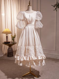 Beautiful Scoop Neck Tea Length Prom Dress, A-Line Puffy Short Sleeve Backless Party Dress HZ1024