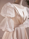 Beautiful Scoop Neck Tea Length Prom Dress, A-Line Puffy Short Sleeve Backless Party Dress HZ1024