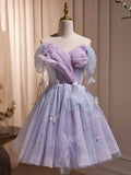 Purple Tulle Knee Length Birthday Party Formal Dress, Off the Shoulder Purple Prom Dress HZ1024