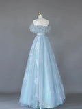 Light Blue Tulle Lace Long Prom Dress, Beautiful Off Shoulder Evening Party Dress HZ1024