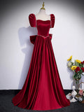 Beautiful Satin Floor Length Prom Dress with Bowknot, Burgundy Short Sleeve Evening Dress HZ1024