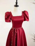Burgundy Satin Short Sleeve Floor Length Prom Dress, Burgundy Evening Dress with Pearls HZ1024