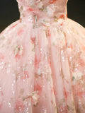 Beautiful Strapless Tulle Flower Long Prom Dress, Pink Ball Gown Formal Dress HZ1024