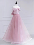 Pink Satin Tulle Long Prom Dress, Pink Off Shoulder Evening Dress HZ1024