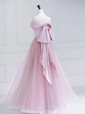 Pink Satin Tulle Long Prom Dress, Pink Off Shoulder Evening Dress HZ1024