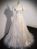 Champagne Tulle Long Formal Dresses, Champagne Short Sleeve Evening Dresses HZ1024