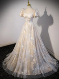 Champagne Tulle Long Formal Dresses, Champagne Short Sleeve Evening Dresses HZ1024