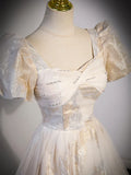 Champagne Tulle Long Formal Dresses, Champagne Short Sleeve Evening Dresses HZ1024