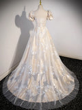 Champagne Tulle Long Formal Dresses, Champagne Short Sleeve Evening Dresses HZ1024