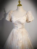 Champagne Tulle Long Formal Dresses, Champagne Short Sleeve Evening Dresses HZ1024