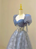 Blue Tulle Lace Long Prom Dress, Beautiful Short Sleeve Evening Dress HZ1024
