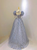 Blue Tulle Lace Long Prom Dress, Beautiful Short Sleeve Evening Dress HZ1024