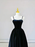 Spaghetti Strap Velvet Long Prom Dress with Pearls, Black Evening Dress Party Dress HZ1024