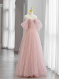 Pink Tulle Long Prom Dress, Beautiful A-Line Off Shoulder Evening Dress HZ1024