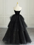 Black Strapless Tulle Formal Dress with Velvet, A-Line Sweetheart Neck Long Prom Dress HZ1024