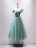 Green Velvet Tulle Tea Length Prom Dress, Cute A-Line Party Dress with Lace HZ1024