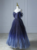 Blue Gradient Tulle Long Prom Dress, Beautiful Spaghetti Strap Evening Party Dress HZ1024