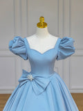 Blue Satin Long Prom Dress with Bow, Blue A-Line Formal Evening Dress HZ1024