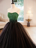 Black Strapless Tulle Long Prom Dress with Green Beaded, A-Line Formal Dress HZ1024