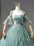 Green Floral Tulle Long Prom Dress, Cute Off Shoulder Evening Party Dress HZ1024