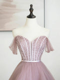 Pink Tulle Sequins Long Prom Dress, Off Shoulder Evening Dress HZ1024