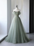 Beautiful Green Tulle Long Prom Dress, Off Shoulder Evening Dress HZ1024