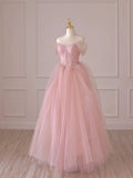 Pink Tulle Lace Long Prom Dress, Off the Shoulder Evening Dress HZ1024