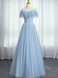 Blue Sweetheart Beaded Off the Shoulder Prom Dress, A-Line Blue Evening Dress HZ1024
