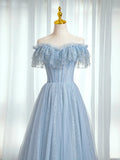 Blue Sweetheart Beaded Off the Shoulder Prom Dress, A-Line Blue Evening Dress HZ1024