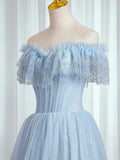 Blue Sweetheart Beaded Off the Shoulder Prom Dress, A-Line Blue Evening Dress HZ1024