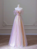 Shiny Tulle Sequins Long Prom Dress, A-Line Off the Shoulder Evening Dress HZ1024