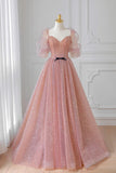 Pink Tulle Floor Length Prom Dress, Lovely Short Sleeve Graduation Party Dress HZ1024