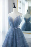 Blue Tulle Long A-Line Prom Dresses, Blue Evening Dresses with Beaded HZ1024