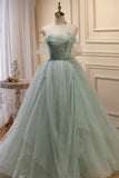 Green Tulle Beaded Ball Gown Off Shoulder Party Dress, Green Sweet 16 Dress HZ1024