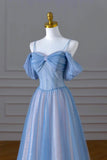 Blue Spaghetti Strap Tulle Floor Length Prom Dress, A-Line Evening Dress HZ1024