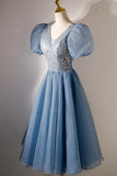 A-line V-neck Sequins Short Prom Dress, Blue Short Sleeve Evening Dress HZ1024