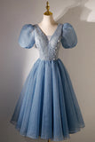 A-line V-neck Sequins Short Prom Dress, Blue Short Sleeve Evening Dress HZ1024