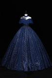 Blue Tulle Sequins Long Ball Gown, Elegant A-Line Formal Gown HZ1024