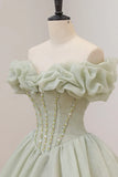 Green Ball Gown, A-Line Off the Shoulder Evening Gown with Beaded HZ1024