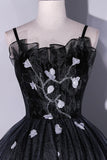 Black Tulle Long A-Line Evening Gown, Black Spaghetti Strap Evening Gown HZ1024