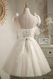 Champagne Tulle Lace Knee Length Prom Dress, Cute A-Line Party Dress HZ1024