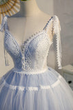 Blue Lace Short A-Line Prom Dress, Cute Spaghetti Strap Party Dress HZ1024