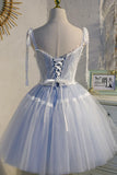 Blue Lace Short A-Line Prom Dress, Cute Spaghetti Strap Party Dress HZ1024