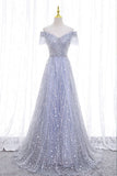 A-Line Tulle Sequins Long Prom Dress, Off the Shoulder Evening Party Dress HZ1024