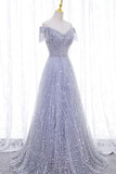 A-Line Tulle Sequins Long Prom Dress, Off the Shoulder Evening Party Dress HZ1024